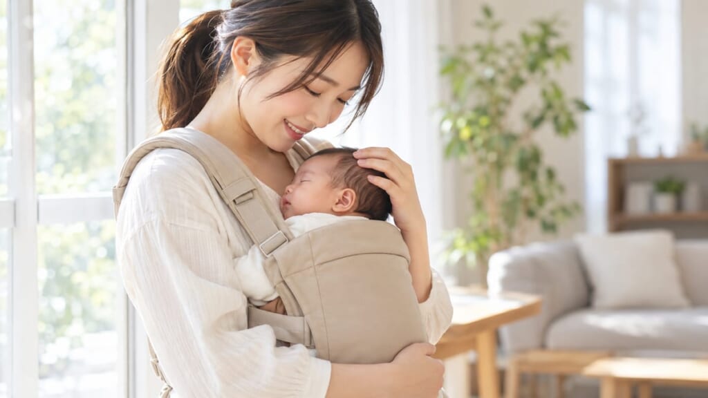 明るいリビングの窓辺で新生児を抱っこ紐で前抱っこして微笑むお母さん