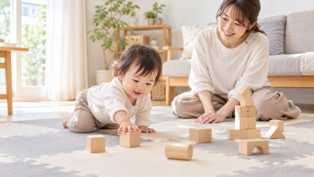 明るいリビングのジョイントマットの上で、積み木で遊ぶ赤ちゃんとやさしく見守るお母さん