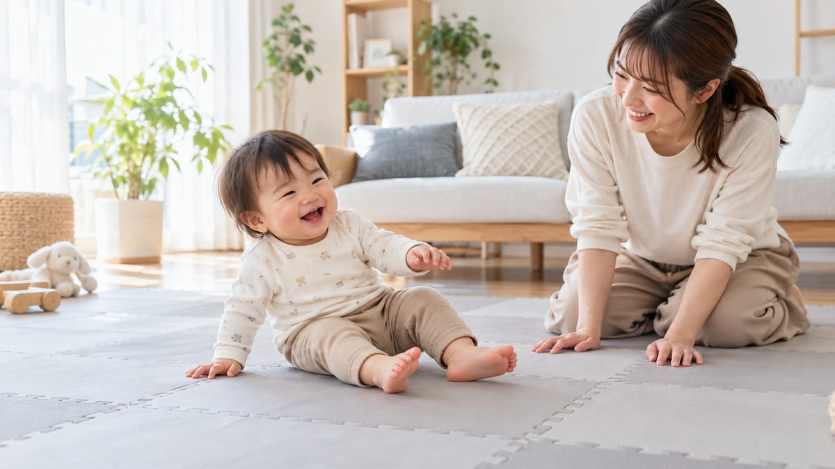 明るいリビングのジョイントマットの上でしりもちをついて笑う幼児と見守るお母さん