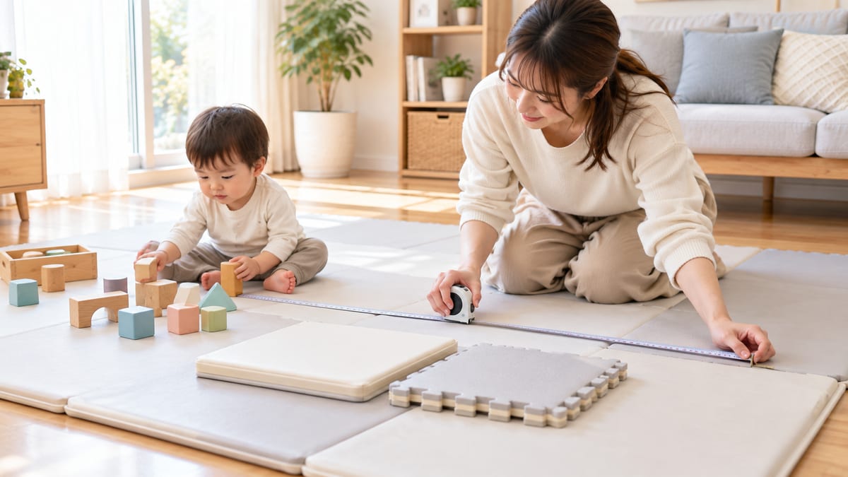ジョイントマットの範囲を測りながら厚みの違う見本を見比べるお母さんと積み木で遊ぶ幼児