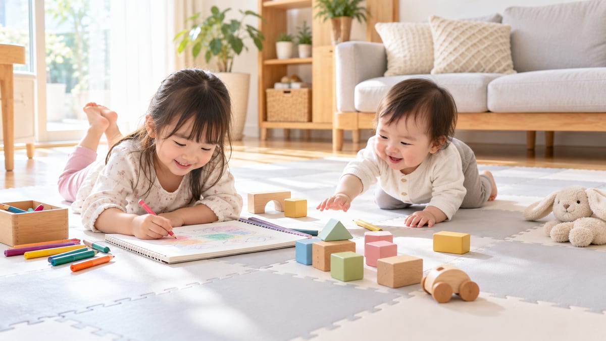 ジョイントマットの上でお絵かきをする女の子とハイハイの赤ちゃん
