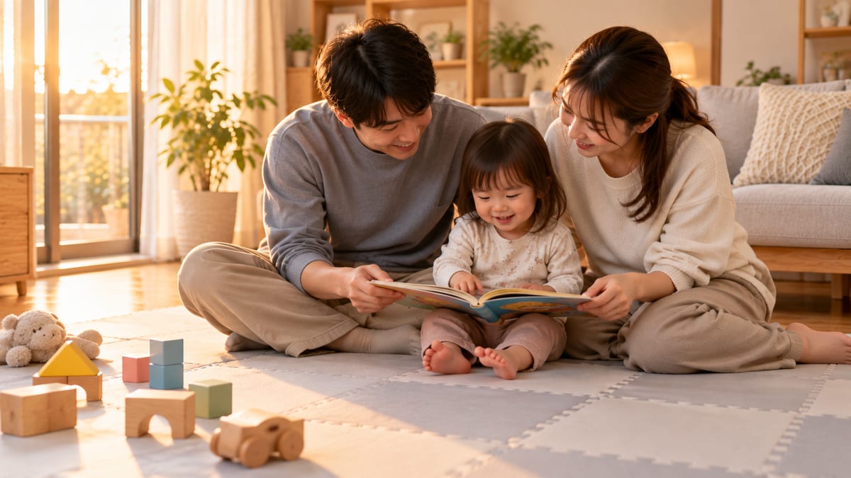夕方のリビングのジョイントマットの上で絵本を読む家族