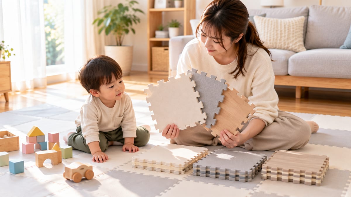 色や厚みの違うジョイントマットの見本を見比べるお母さんと幼児