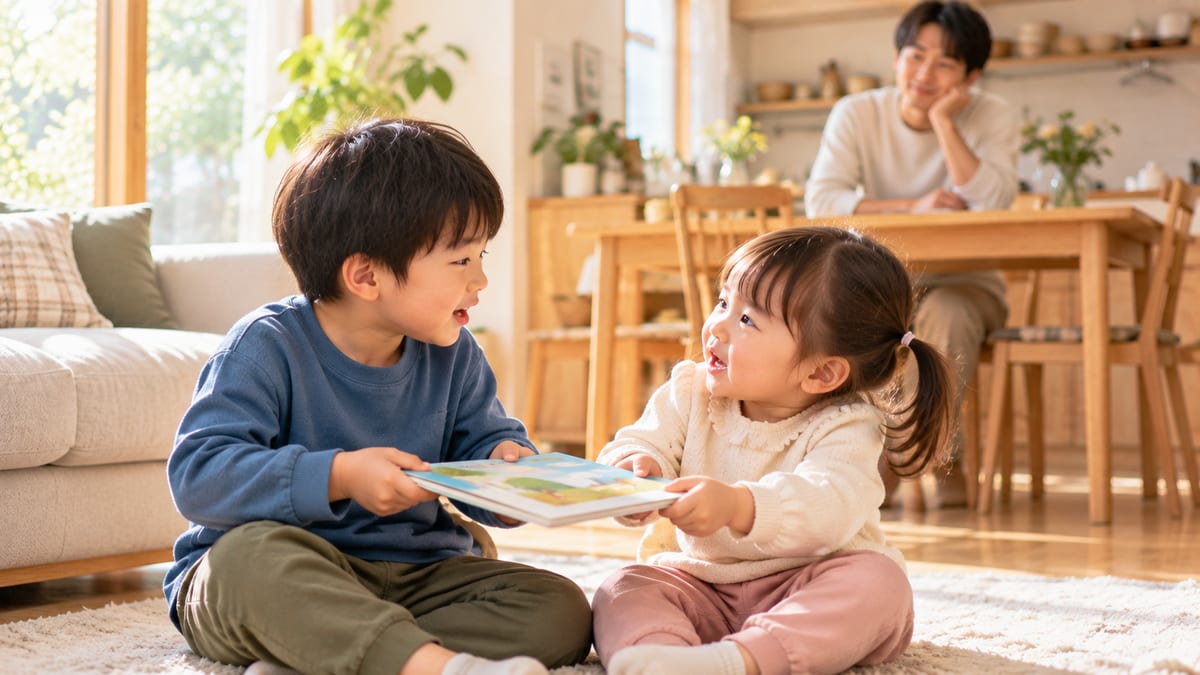 絵本を取り合って言い合う兄と妹と、ダイニングから見守るお父さん