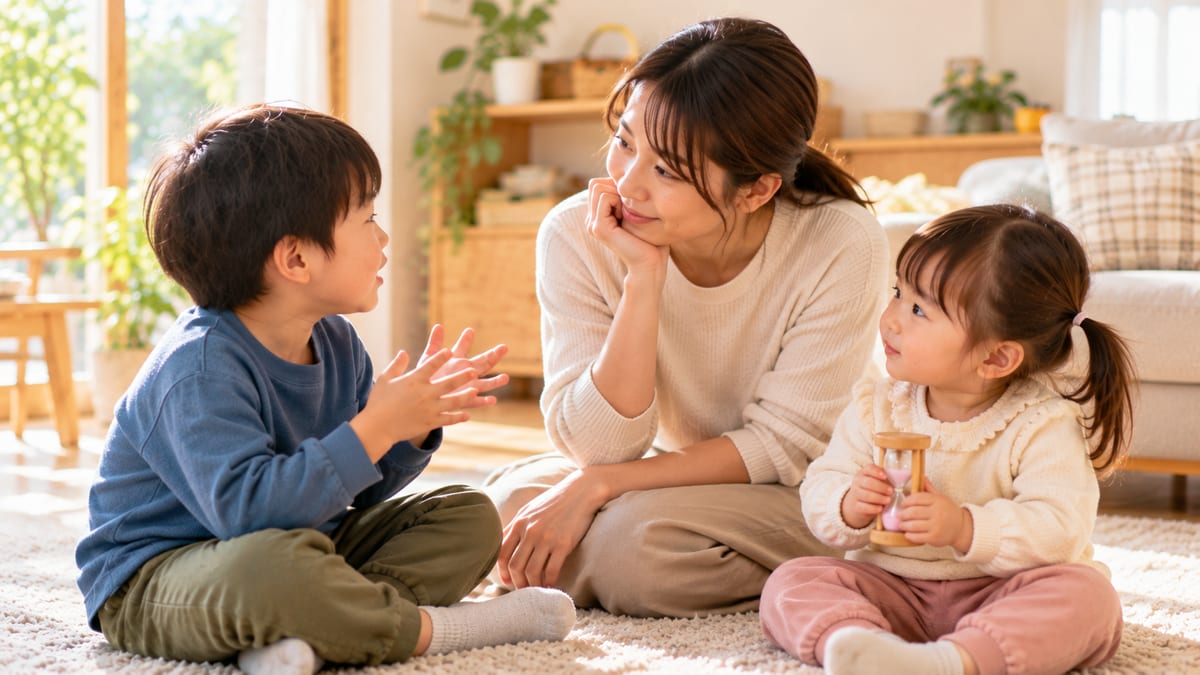 お兄ちゃんの話を聞くお母さんと、砂時計を持って順番を待つ妹
