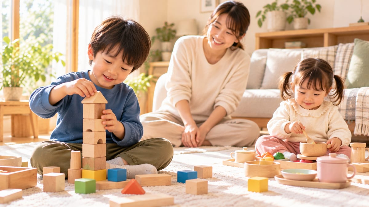 積み木で遊ぶお兄ちゃんとおままごとをする妹、見守るお母さん