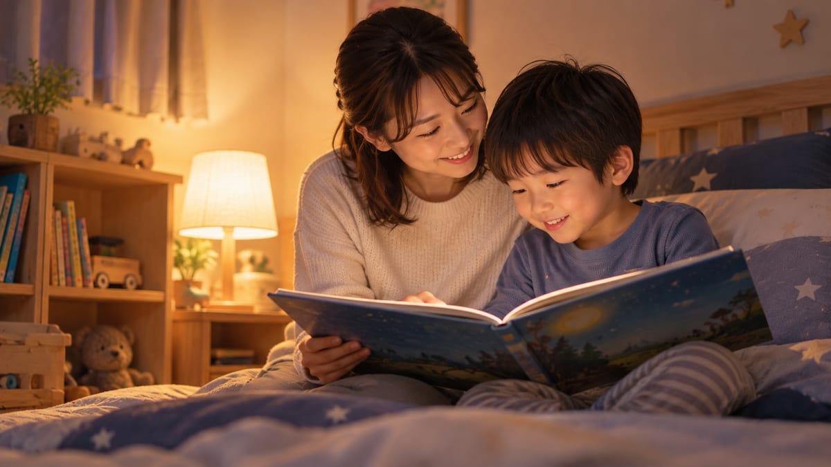夜、スタンドライトの下で絵本を読むお母さんと男の子