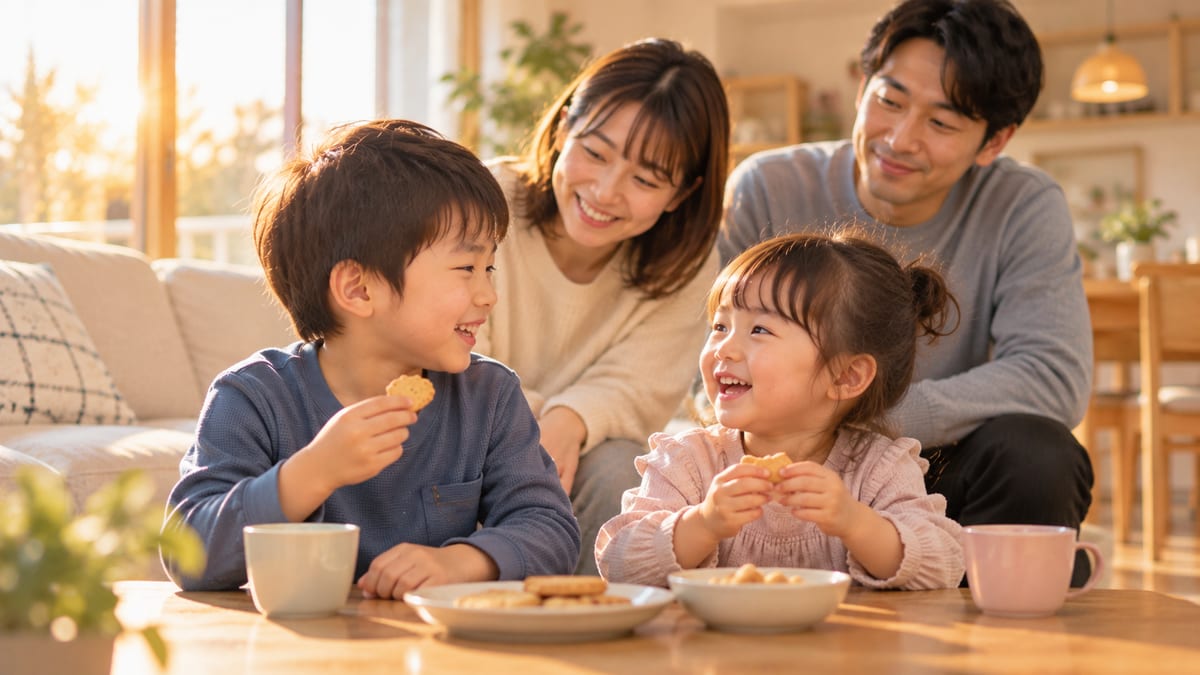 並んでおやつを食べて笑い合うきょうだいと両親