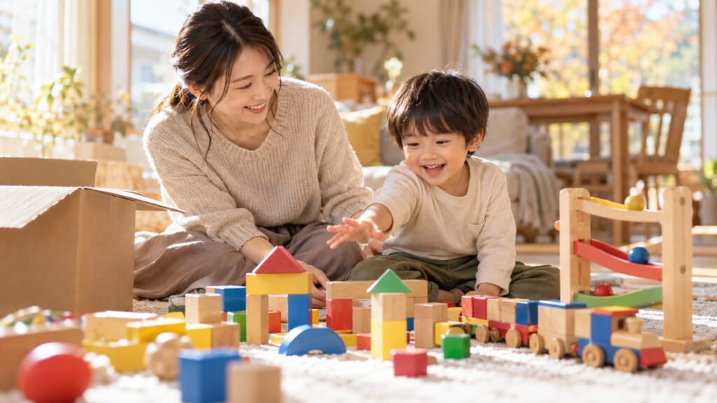 プライム感謝祭のおもちゃ選び（届いた木のおもちゃに手を伸ばす男の子とママ）