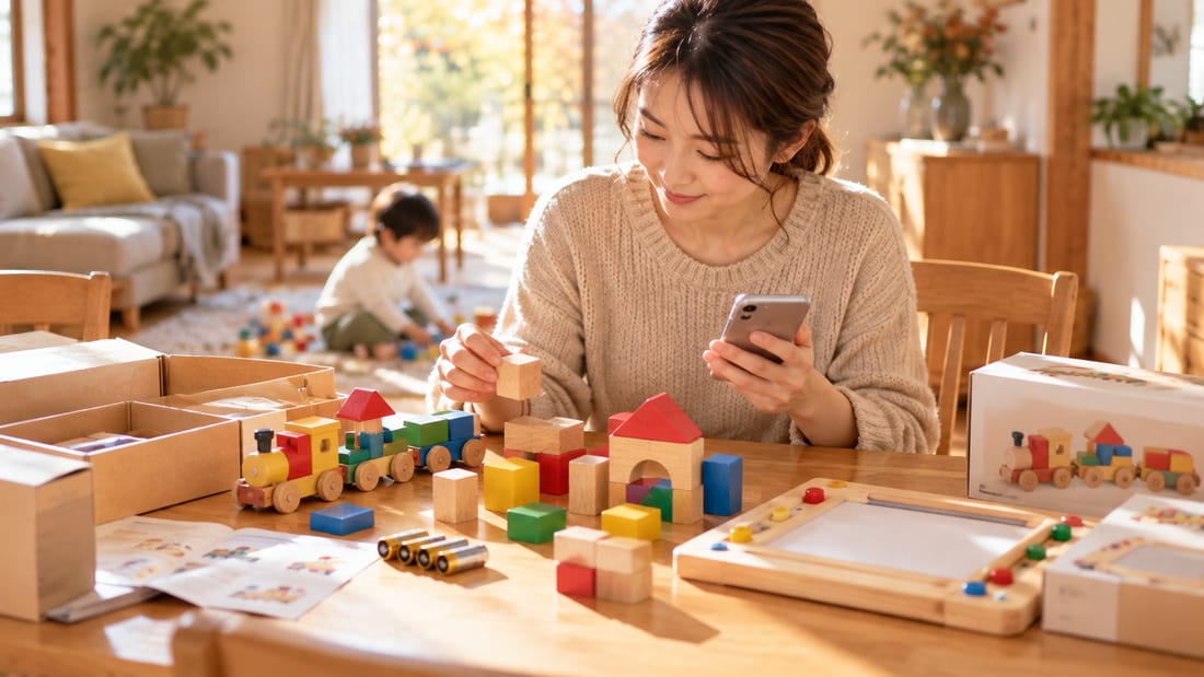 ダイニングテーブルに並べた木のおもちゃを、スマホを見ながら選ぶママ
